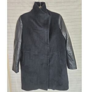VERA WANG FAUX LEATHER & WOOL TRENCH PEA COAT IN BLACK, SZ LARGE